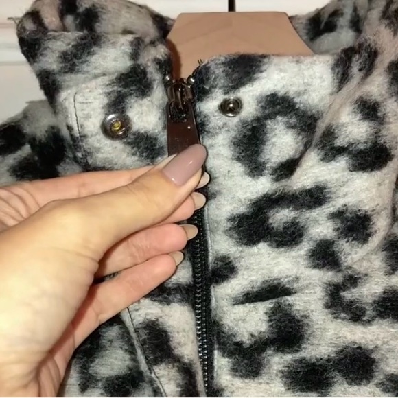 NEXT Grey Leopard Print Wool Coat with Funnel Neck - Picture 12 of 12